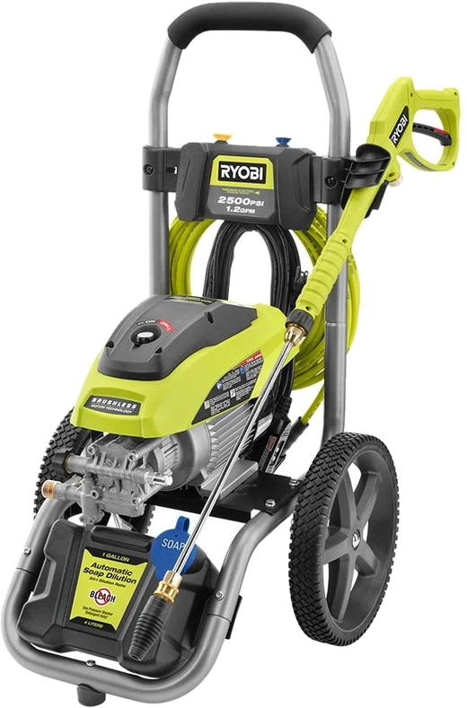 Hidrolavadora eléctrica Ryobi verde y gris con carrito, manguera y lanza
